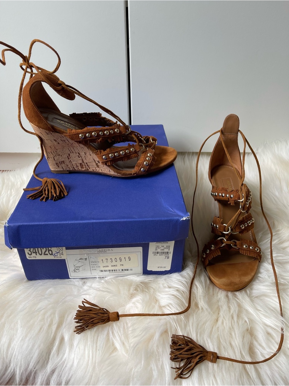 Aquazzura Tulum Studded Fringe Wedge Sandal Toast Cognac Gold Lace Up Size 7 37